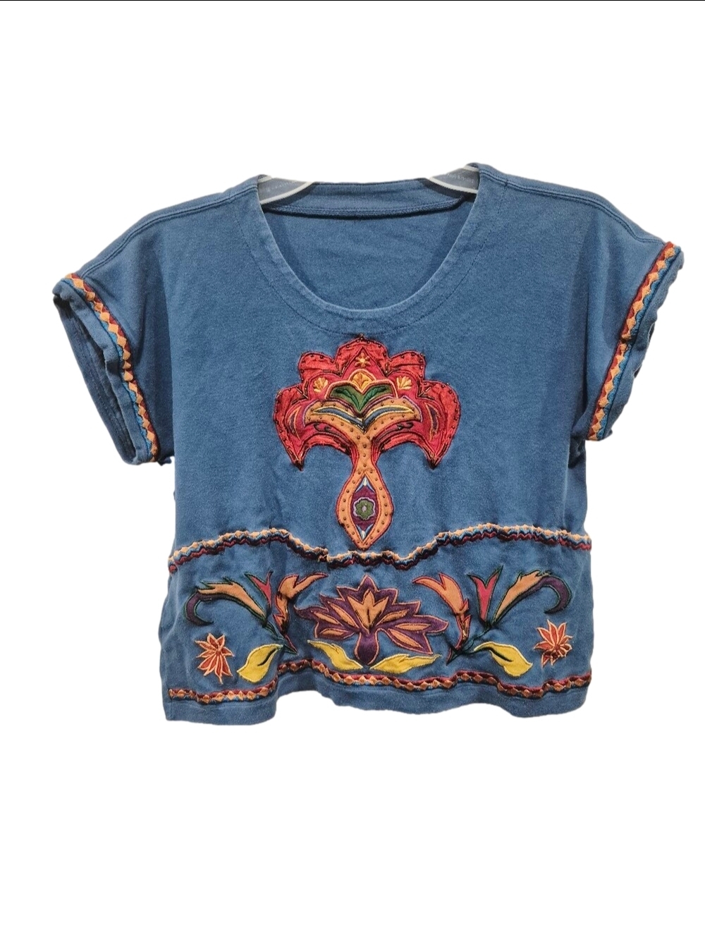 Boho Embroidered Floral Applique Crop Top Short Sleeve Blue Tee S/M